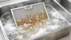 How to clean a greasy range hood filter with baking soda and dish soap